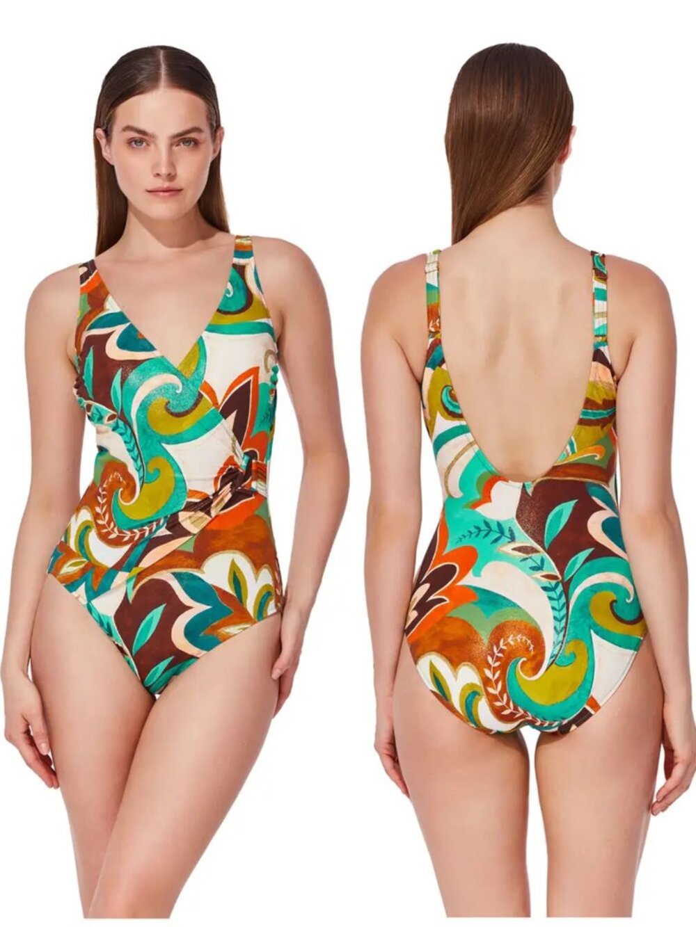 NWT New $196 Gottex Porto Surplice One Piece Swimsuit In Multi Brown Size 8
